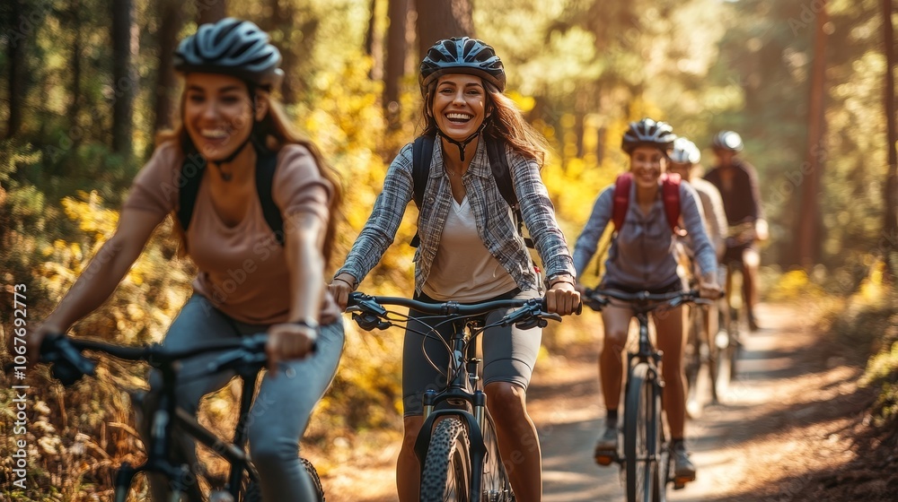 Fototapeta premium Women cycling together on a scenic trail during sunny day