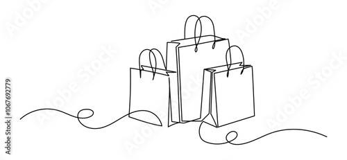 Shopping bags in one continuous line drawing. Black Friday symbol in simple linear style. Editable stroke. Doodle outline vector illustration