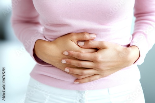 Wallpaper Mural The person holds onto the abdomen, indicating pain or discomfort in the abdomen Torontodigital.ca