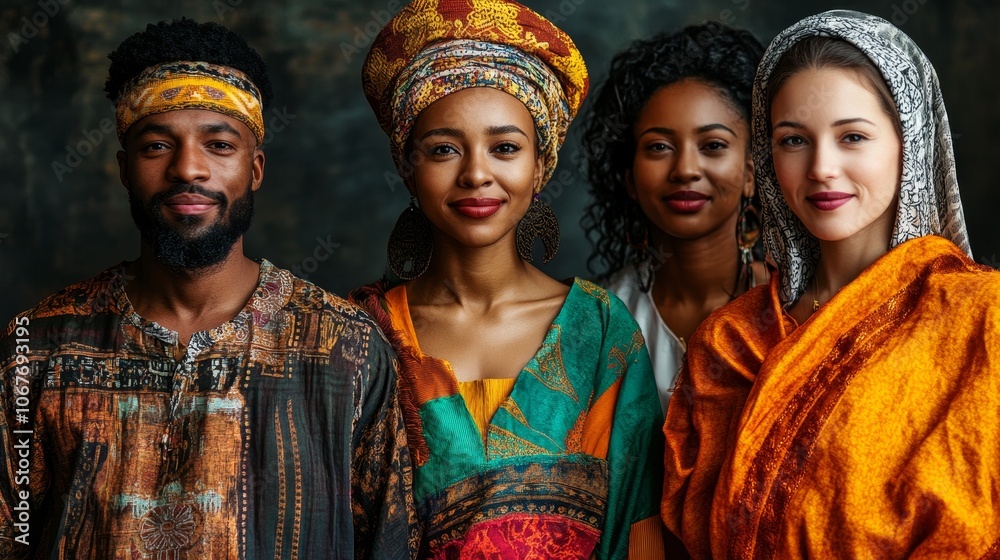 Fototapeta premium Diverse group of people wearing traditional cultural attire together