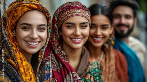 Diverse group of smiling individuals in traditional attire with vibrant colors