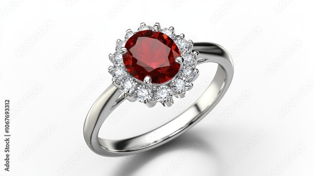 A beautiful red gemstone engagement ring set in a halo of smaller diamonds on a silver band. A beautiful red gemstone engagement ring set in a halo of smaller diamonds on a silver band.
