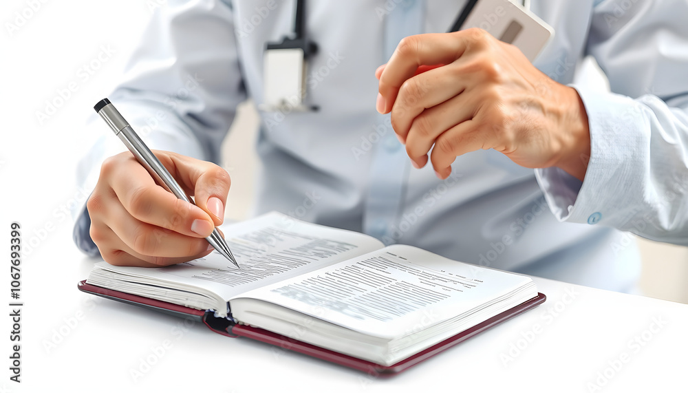 Fototapeta premium Psychologist makes notes in his notebook, analyzing family discussions about relationships isolated with white highlights, png