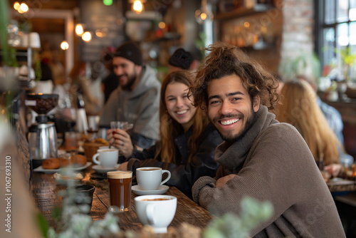 A group of friends sits at a rustic cafe, smiling and sipping hot drinks while savoring pastries. The warm ambiance creates a welcoming atmosphere on a cool day