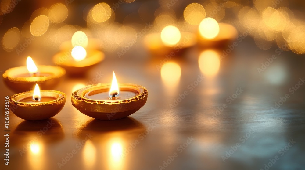 Warm Glow of Decorative Candles Creating a Cozy Ambiance on a Reflective Surface with Soft Bokeh Background Warm Glow of Decorative Candles Creating a Cozy Ambiance on a Reflective Surface with Soft Bokeh Background