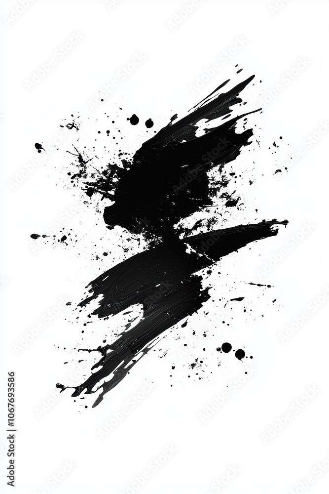 Obraz premium Black Ink Stroke with Splatters on White Background - Artistic Expression and Abstract Painting