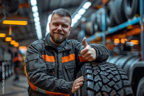 confident mechanic with stubble, wearing a black and grey work uniform