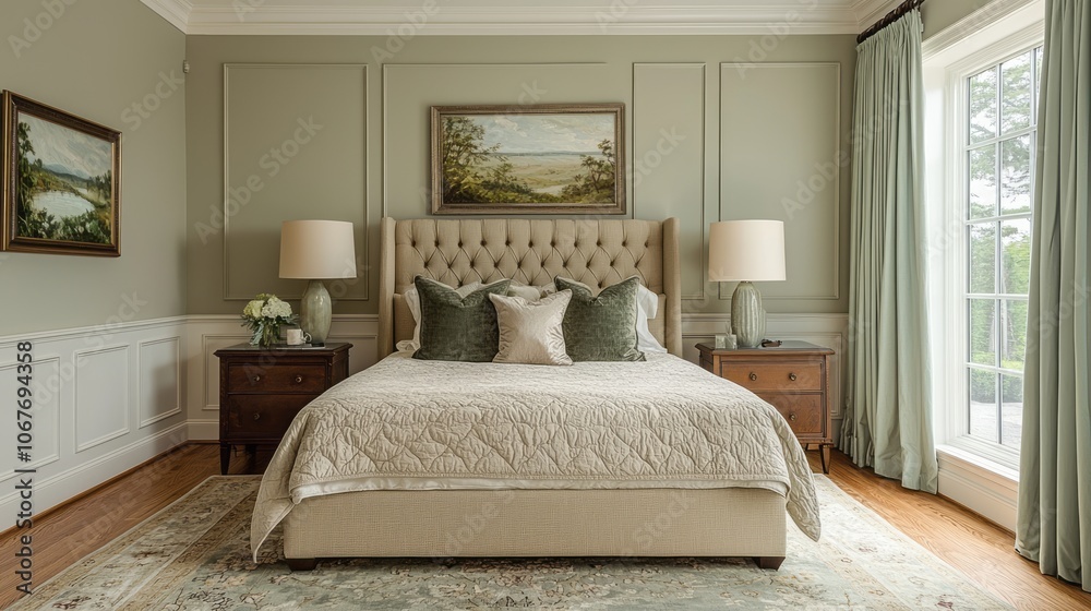 Fototapeta premium Upholstered Bed with Green Pillows and Artwork in a Well-Appointed Bedroom