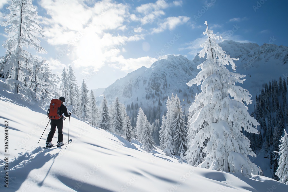 Skier exploring snowy mountain landscape on sunny winter day Skier exploring snowy mountain landscape on sunny winter day