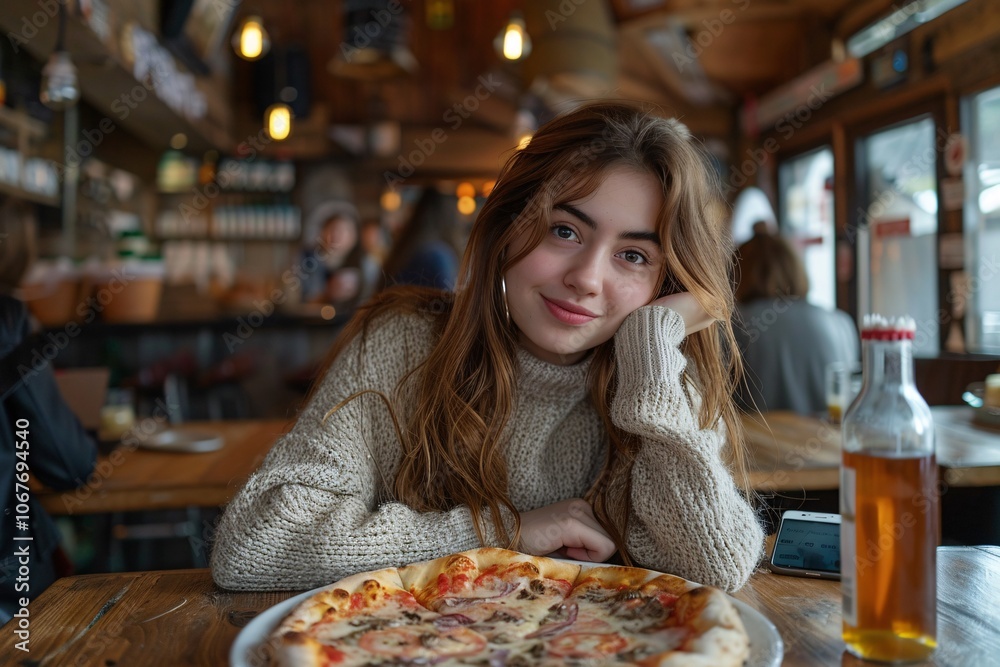 A cozy cafe atmosphere is highlighted by a young woman wearing a sweater, smiling while sitting at a wooden table. Delicious pizza is placed in front of her, and a drink is nearby A cozy cafe atmosphere is highlighted by a young woman wearing a sweater, smiling while sitting at a wooden table. Delicious pizza is placed in front of her, and a drink is nearby