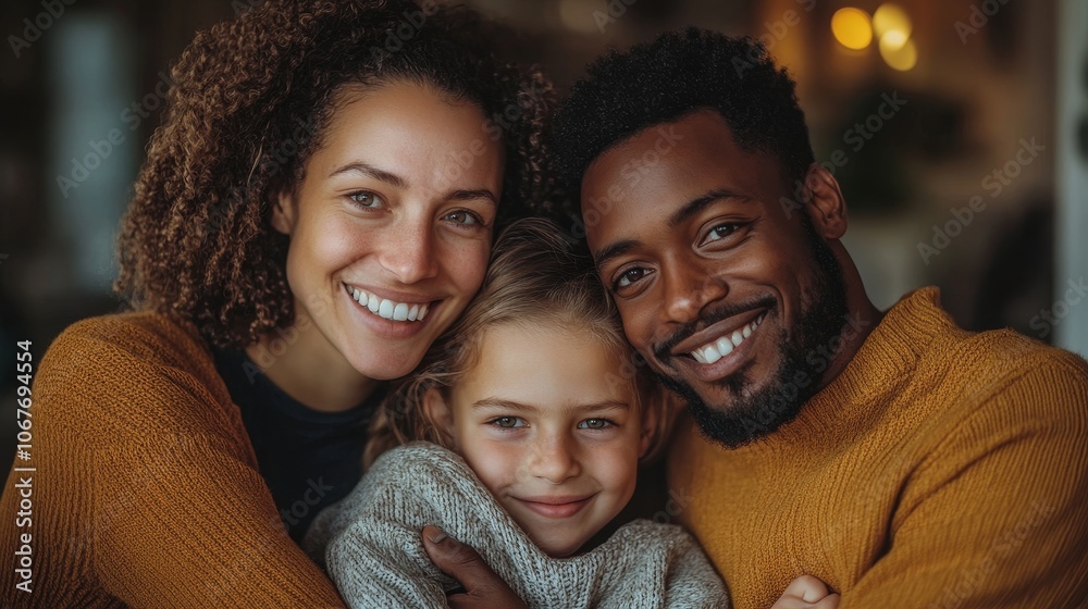Family portrait of a mother, father, and child smiling together Family portrait of a mother, father, and child smiling together