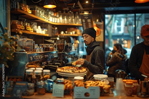 Inside a lively cafe, a barista skillfully garnishes a gourmet pizza while customers enjoy their drinks. The warm ambiance reflects a perfect urban dining experience