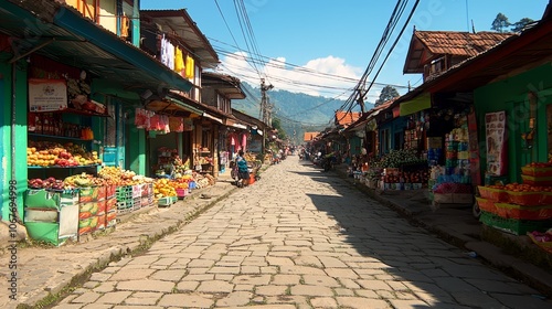 A vibrant market street lined with shops selling fruits and goods.