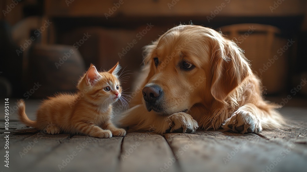 Golden Retriever Puppy and Red Kitten Playfully Interacting Outdoors Golden Retriever Puppy and Red Kitten Playfully Interacting Outdoors