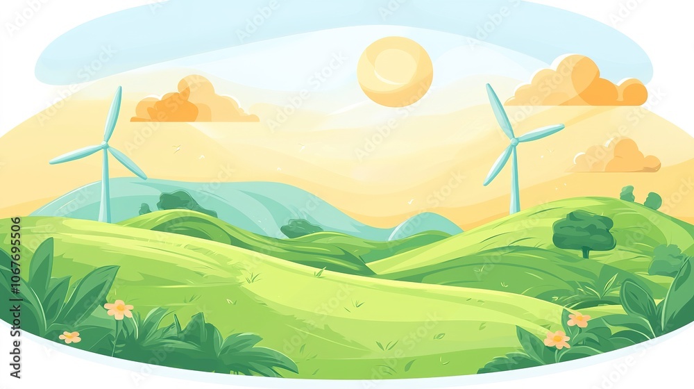 Obraz premium A serene landscape featuring rolling green hills, wind turbines, and a bright sun against a pastel sky, embodying renewable energy and nature's beauty.