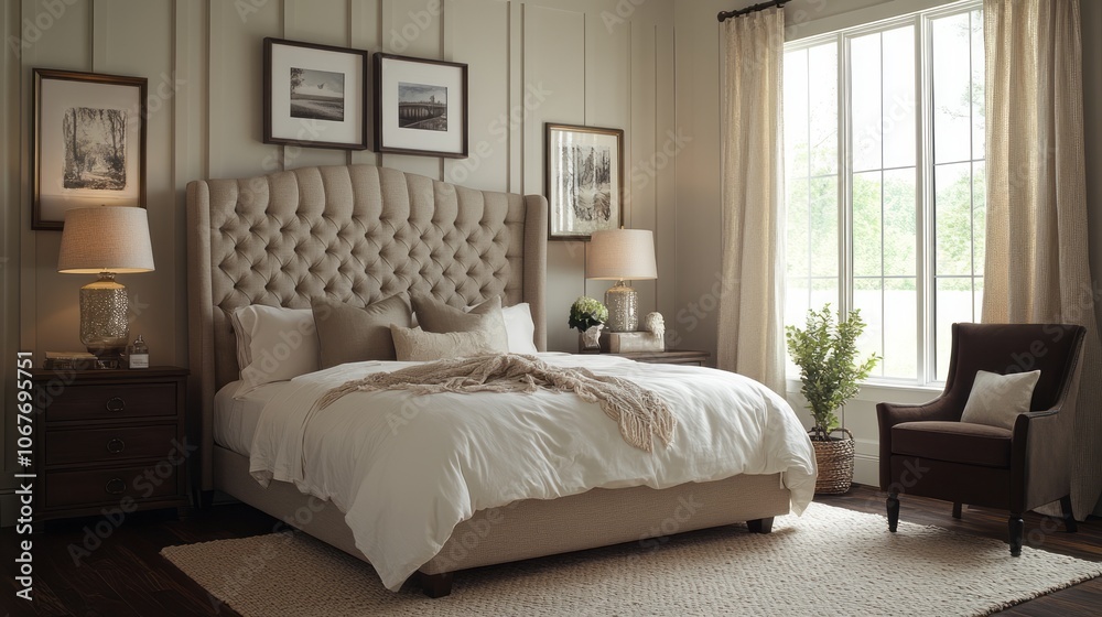 Luxurious Bedroom with Large Tufted Headboard and White Bedding Luxurious Bedroom with Large Tufted Headboard and White Bedding