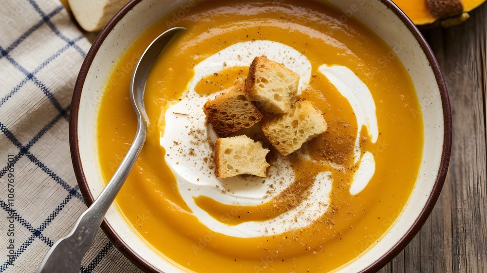Butternut squash soup with creme fraiche swirl, nutmeg, and croutons on wooden table Butternut squash soup with creme fraiche swirl, nutmeg, and croutons on wooden table