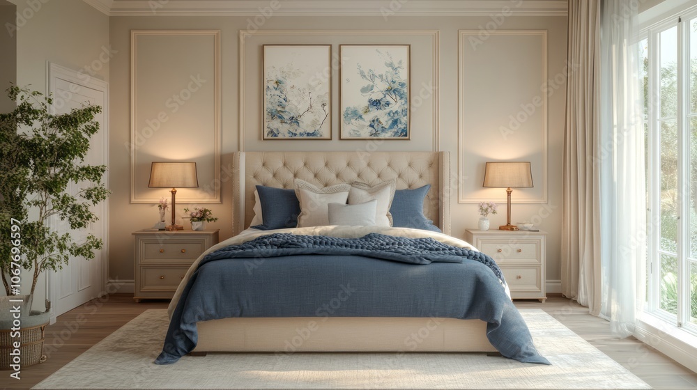 A Luxurious Bedroom with a Large Bed, Two Nightstands, and Floral Artwork A Luxurious Bedroom with a Large Bed, Two Nightstands, and Floral Artwork