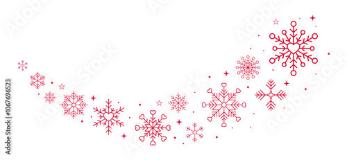 Christmas border with red snowflakes, hearts and stars isolated on transparent background. Vector graphics design for New year or Valentine's day decorations