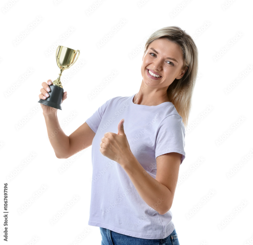 Happy winner with golden trophy cup showing thumbs up on white background Happy winner with golden trophy cup showing thumbs up on white background