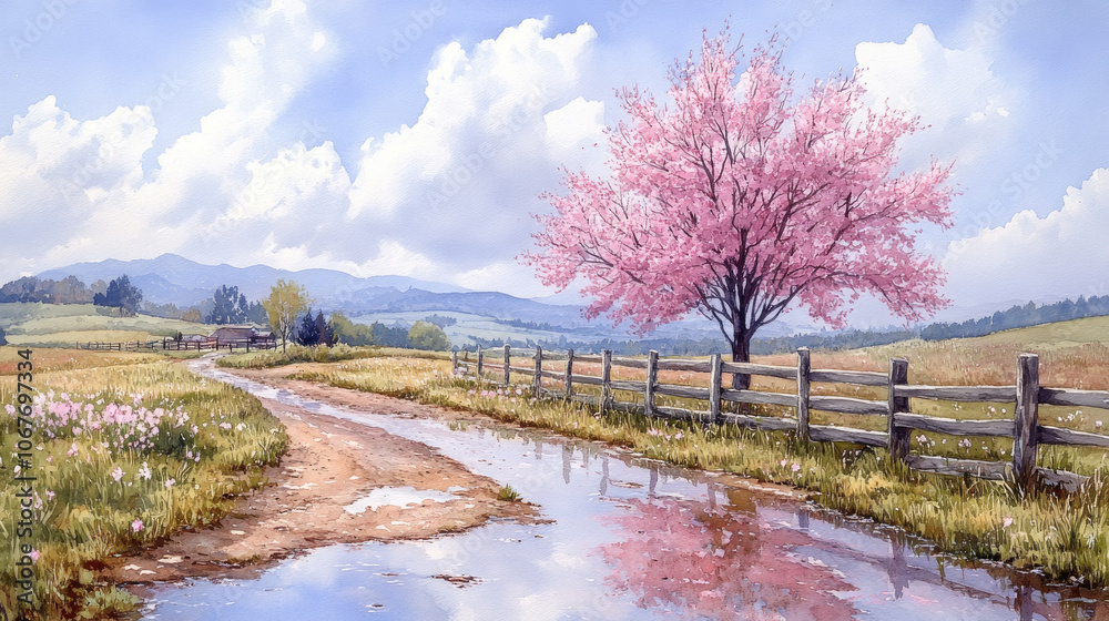 A scenic countryside captures a vibrant cherry blossom tree by a dirt road, with reflections in puddles and rolling hills under a blue sky A scenic countryside captures a vibrant cherry blossom tree by a dirt road, with reflections in puddles and rolling hills under a blue sky