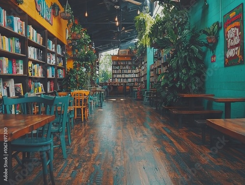 Cozy bookstore with vibrant decor, plants, and seating for relaxation.