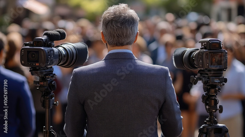 A speaker stands before a sizable audience, flanked by professional cameras, engaging the crowd in an outdoor setting under clear skies photo