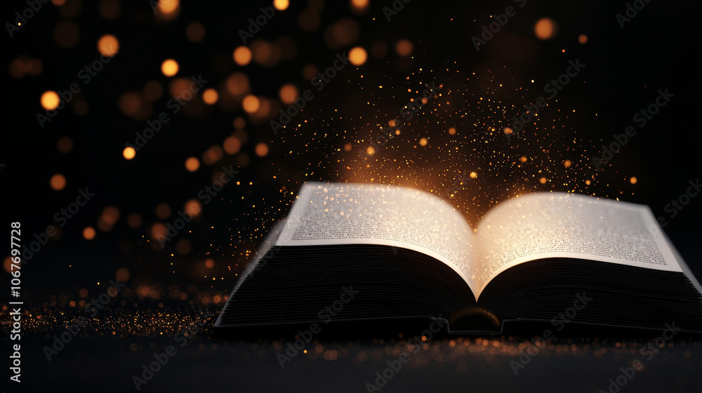 An open book illuminated by magical sparks, symbolizing knowledge and imagination on a dark background. An open book illuminated by magical sparks, symbolizing knowledge and imagination on a dark background.