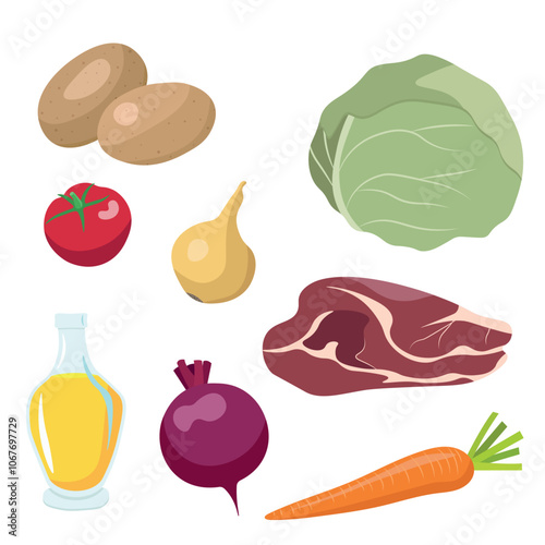 Ingredients for borscht in pictures, meat, onions, tomatoes, cabbage, potatoes, oil, carrots, beets