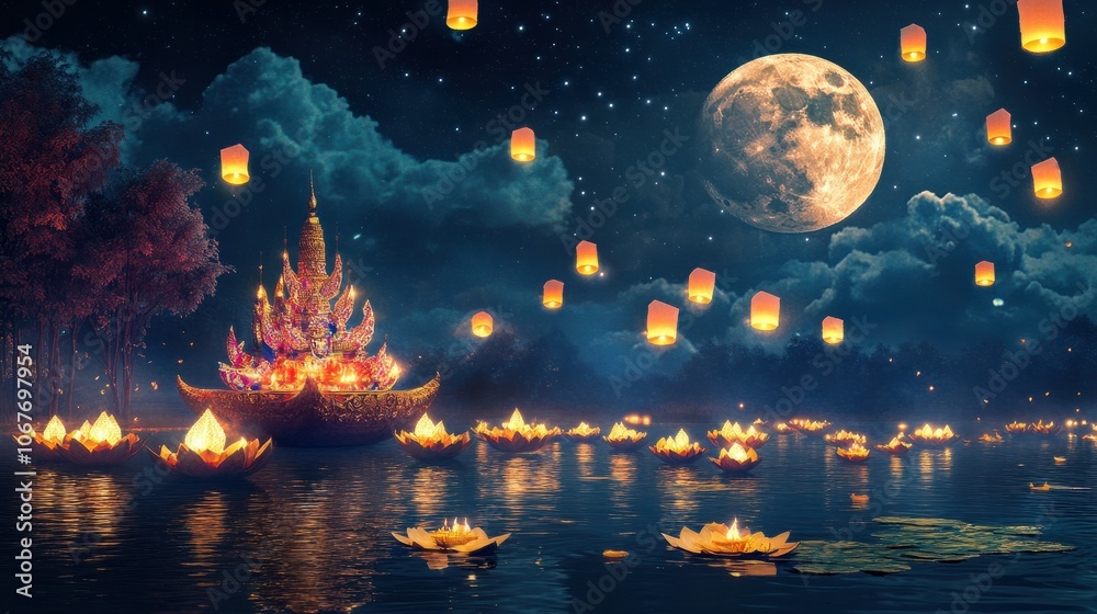 A serene Loy Krathong scene with beautifully decorated krathongs floating on water, lanterns rising into the night sky under a full moon. A serene Loy Krathong scene with beautifully decorated krathongs floating on water, lanterns rising into the night sky under a full moon.