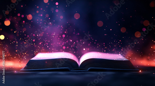 Open book with glowing pages, surrounded by colorful sparkles against a dark background.