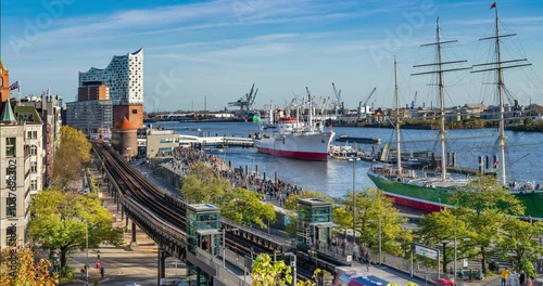 Hamburg, Germany. Time lapse of the harbor with subway and piers.