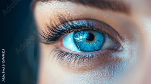 Close-up of blue eye with detailed iris and eyelashes