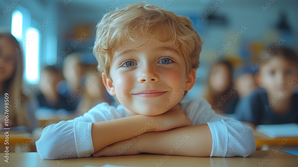 The young boy in a classroom engages with his classmates, showcasing a joyful and eager demeanor during learning activities The young boy in a classroom engages with his classmates, showcasing a joyful and eager demeanor during learning activities