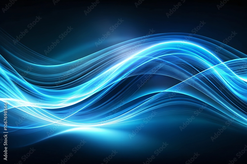 Dynamic blue light waves flowing through a dark space creating an energetic atmosphere