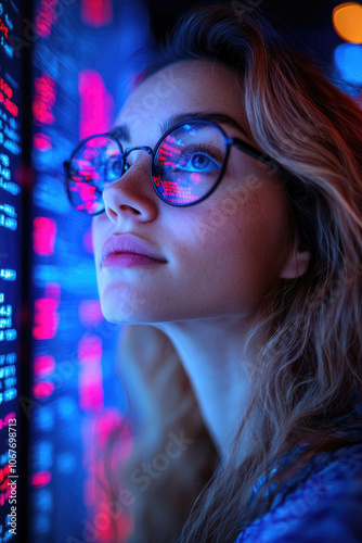 A thoughtful young woman looks at vibrant data displays in a contemporary tech space, immersed in her analytical role during the evening