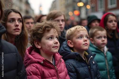 Young children with joyful expressions in winter coats watching a festive event, symbolizing community and childhood wonder