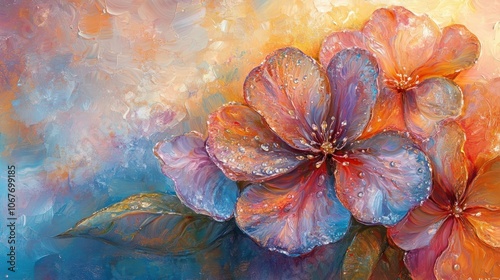 Close-up of blooming flowers bathed in warm, golden sunrise light, petals glistening with morning dew against a soft, colorful sky.