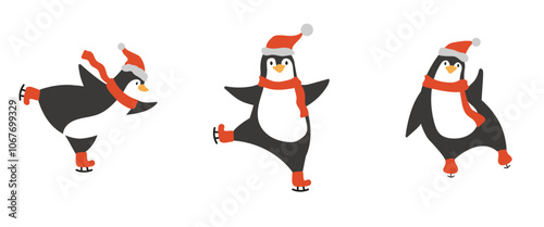 A set of three cute penguins ice skating. Christmas animals wearing red hats and scarfs.