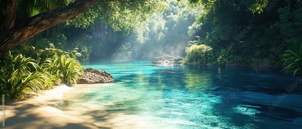 Sunlit lagoon with intense, crystal-clear water, sandy shore lined with exotic plants, vivid blue and green hues under a bright sky. Sunlit lagoon with intense, crystal-clear water, sandy shore lined with exotic plants, vivid blue and green hues under a bright sky.
