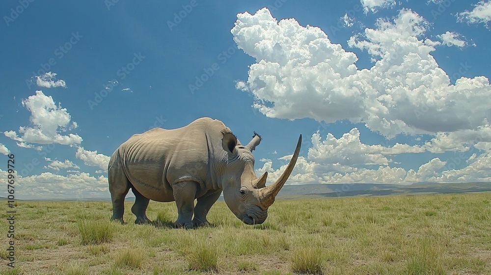 Fototapeta premium A rhinoceros grazing in a vast, open landscape under a blue sky.