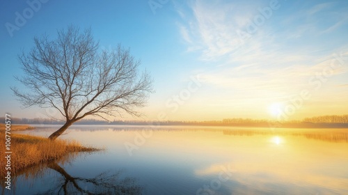 Serene nature scene illustrating essentialism through bare landscapes, tranquil water reflections, and soft golden hour lighting photo