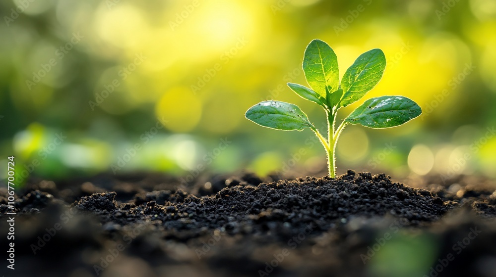A small green plant sprout growing from rich soil in a sunlit meadow. A small green plant sprout growing from rich soil in a sunlit meadow.