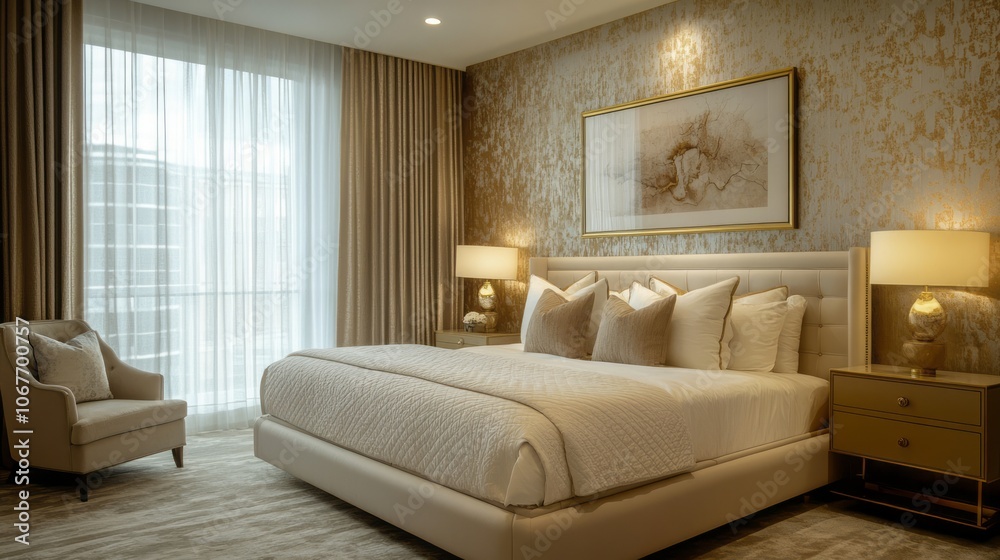Fototapeta premium Modern Luxurious Bedroom with Large Bed, Golden Accents, and Artwork