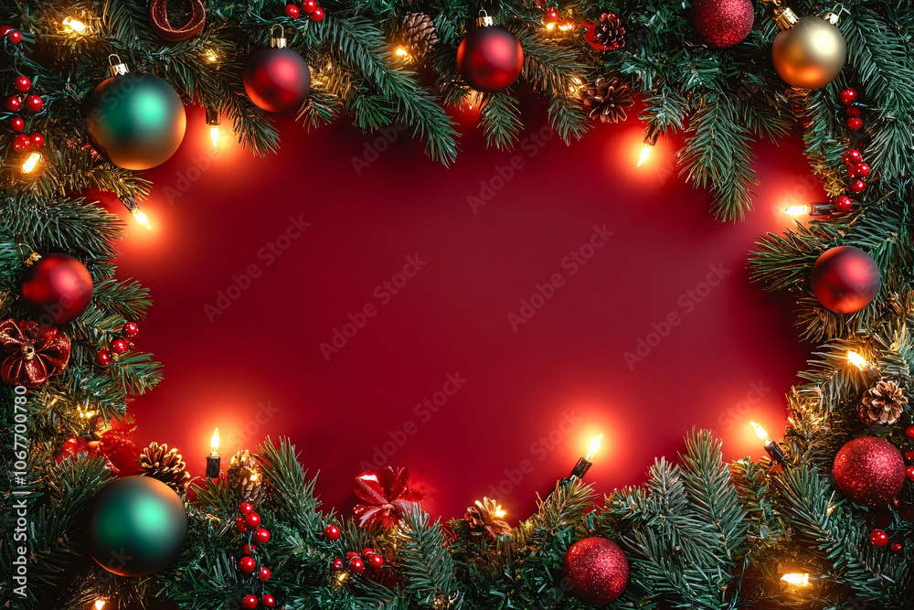 A festive Christmas border featuring glowing fairy lights and evergreen branches, perfect for holiday invitations, greetings, and seasonal marketing. A festive Christmas border featuring glowing fairy lights and evergreen branches, perfect for holiday invitations, greetings, and seasonal marketing.