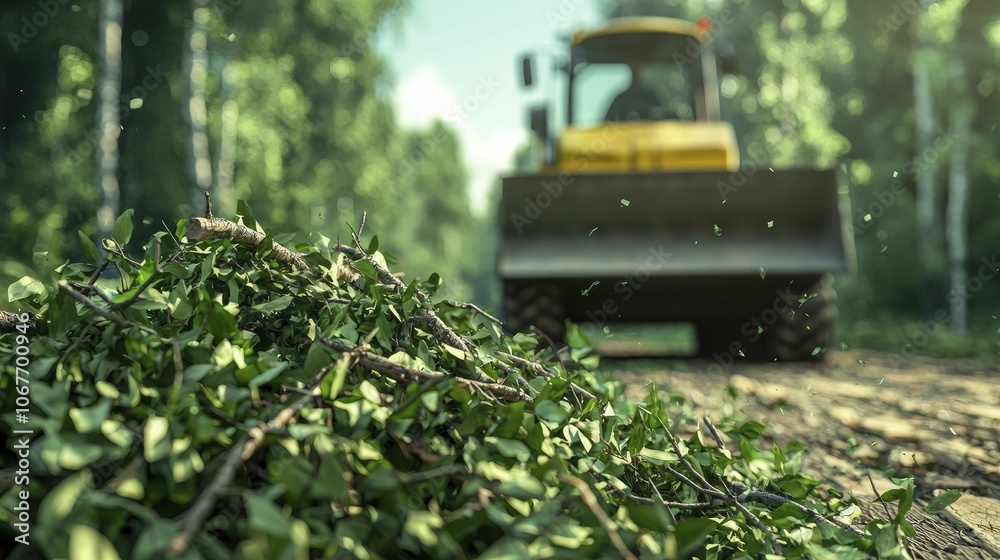 Wood chipper processing branches, dynamic movement and splashes of color, woodland area, 3D illustration