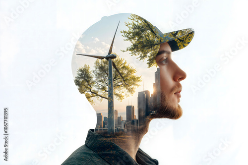 Young Man and the futur, wind turbine, nature, city photo