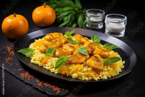 Delicious golden chicken cubes on fluffy white rice with vibrant carrots and caramelized onions