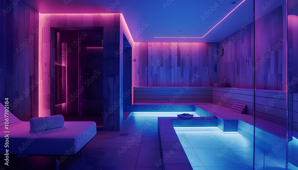 Modern Finnish sauna with neon lights. Beautiful interior home finnish sauna room Modern Finnish sauna with neon lights. Beautiful interior home finnish sauna room