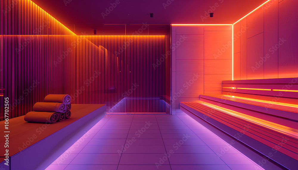 Modern Finnish sauna with neon lights. Beautiful interior home finnish sauna room